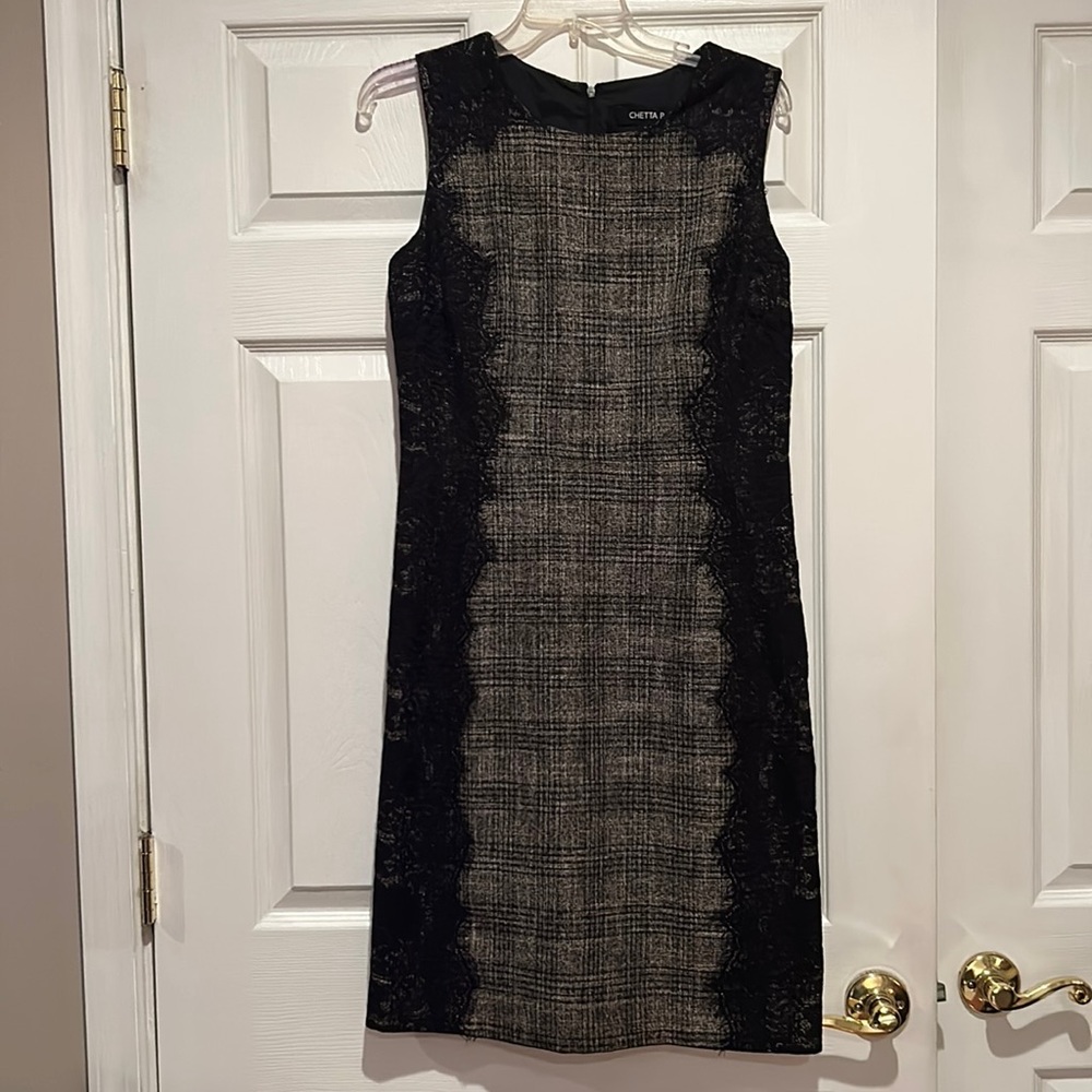 Chetta B Plaid/Lace Black/Grey Sheath Sz 8
